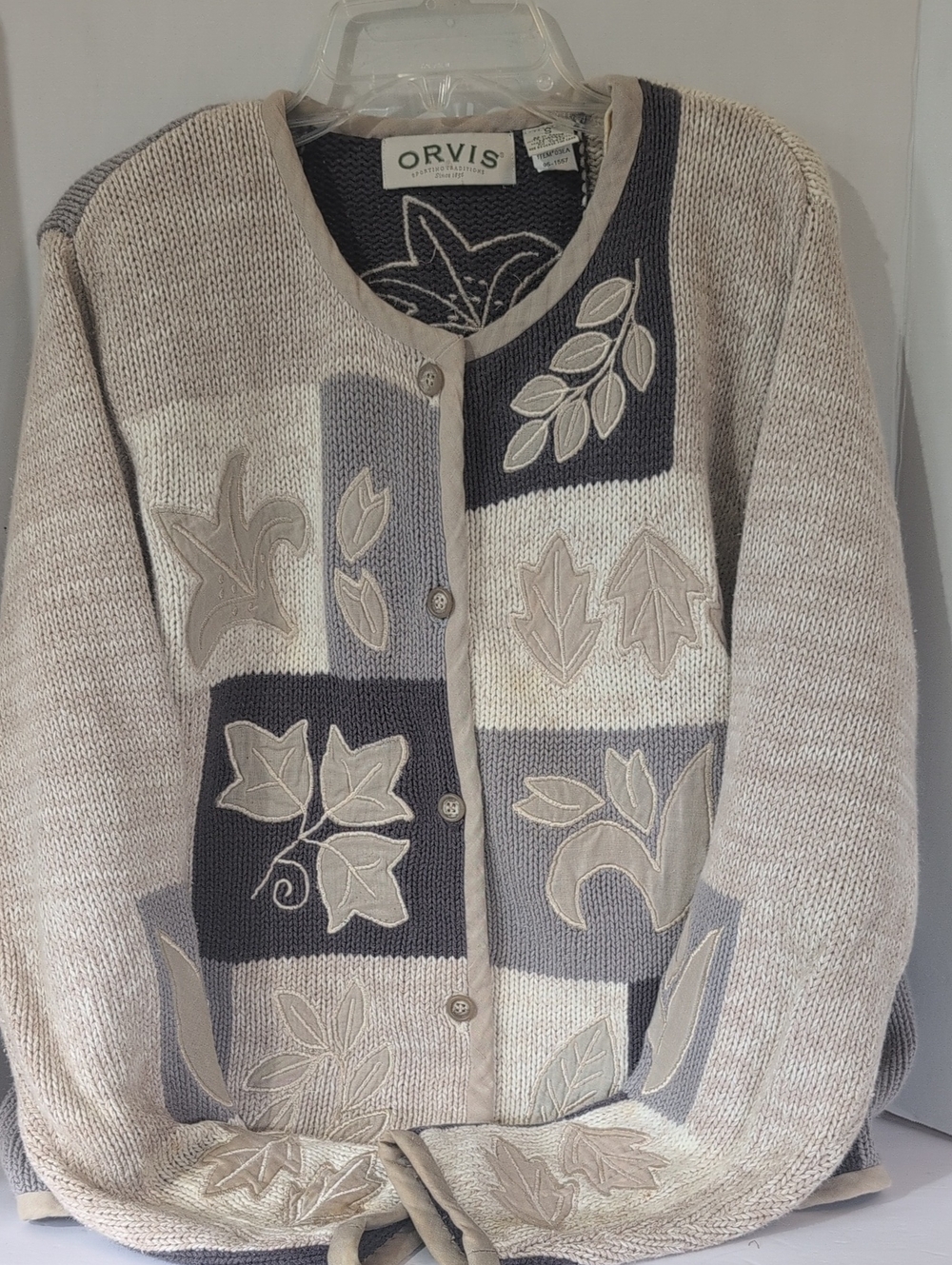 Orvis Beige and Gray Patchwork Leaf Appliqué  Knit- Ramie Cardigan, Ladies Small